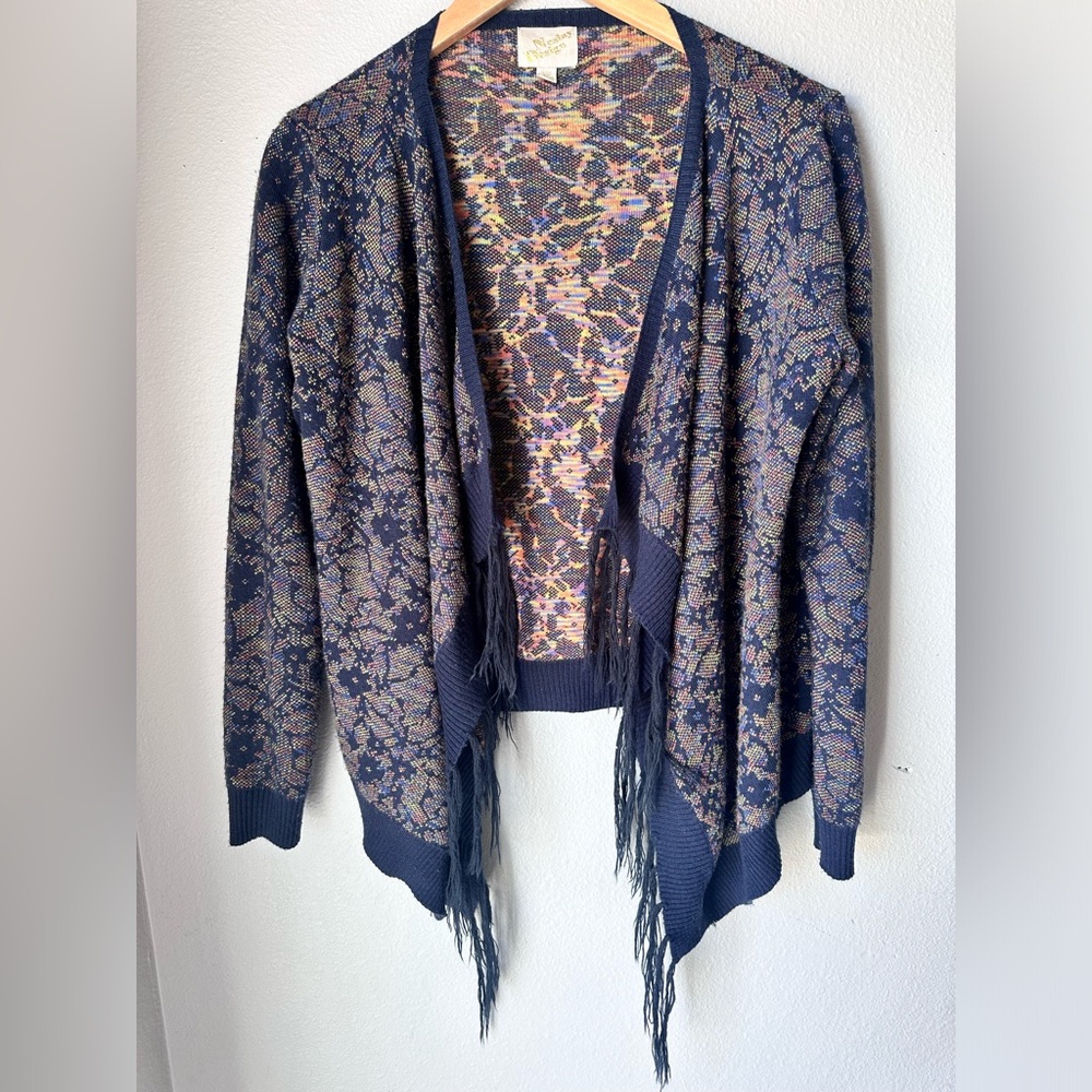 Neslay Design Multi Color Floral Open Frayed Cardigan Womens Size Small